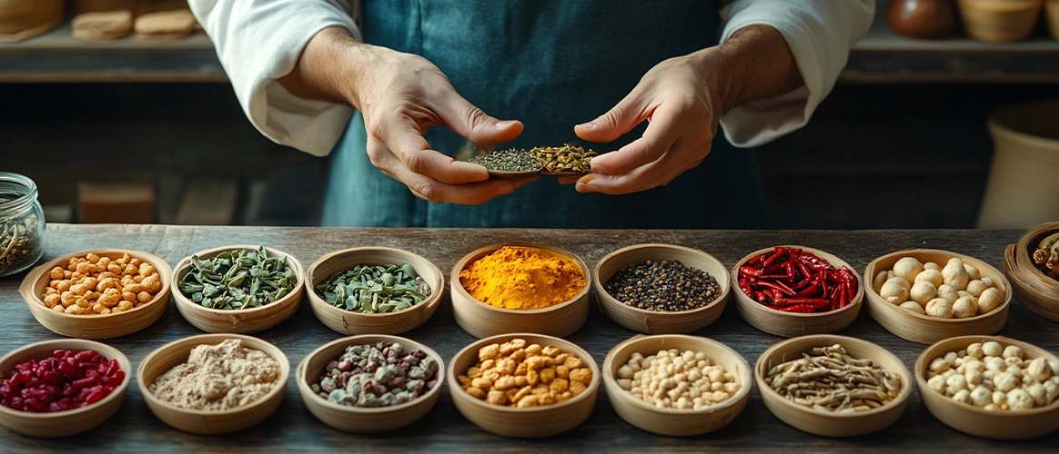 ادویه های رستورانی کازیوه تولید کننده با کیفیت ترین ادویه های کشور روی یک میز چوبی ادویه های کازیوه چیده شده اند که آشپز در حال تست آنها است.