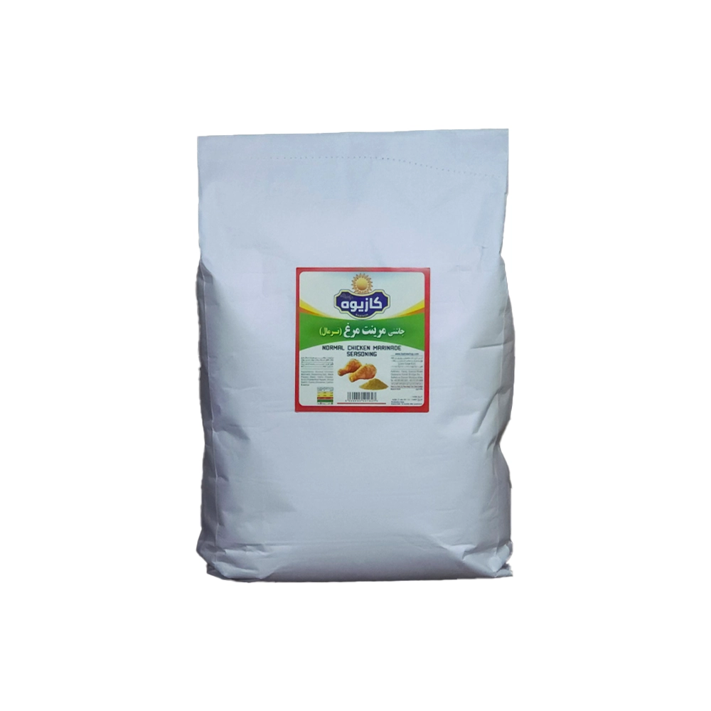 چاشنی مرغ مرینت نرمال ۵ کیلوگرمی کازیوه در بسته بندی ۵ کیلوگرمی پاکتی سفید با پس زمینه سفید