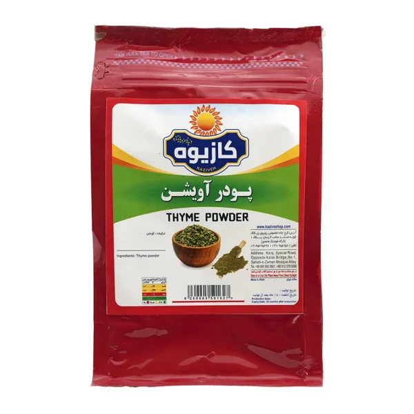 پودر آویشن 1 کیلوگرمی محصول برند کازیوه با بسته بندی پاکتی قرمز و پس زمینه سفید