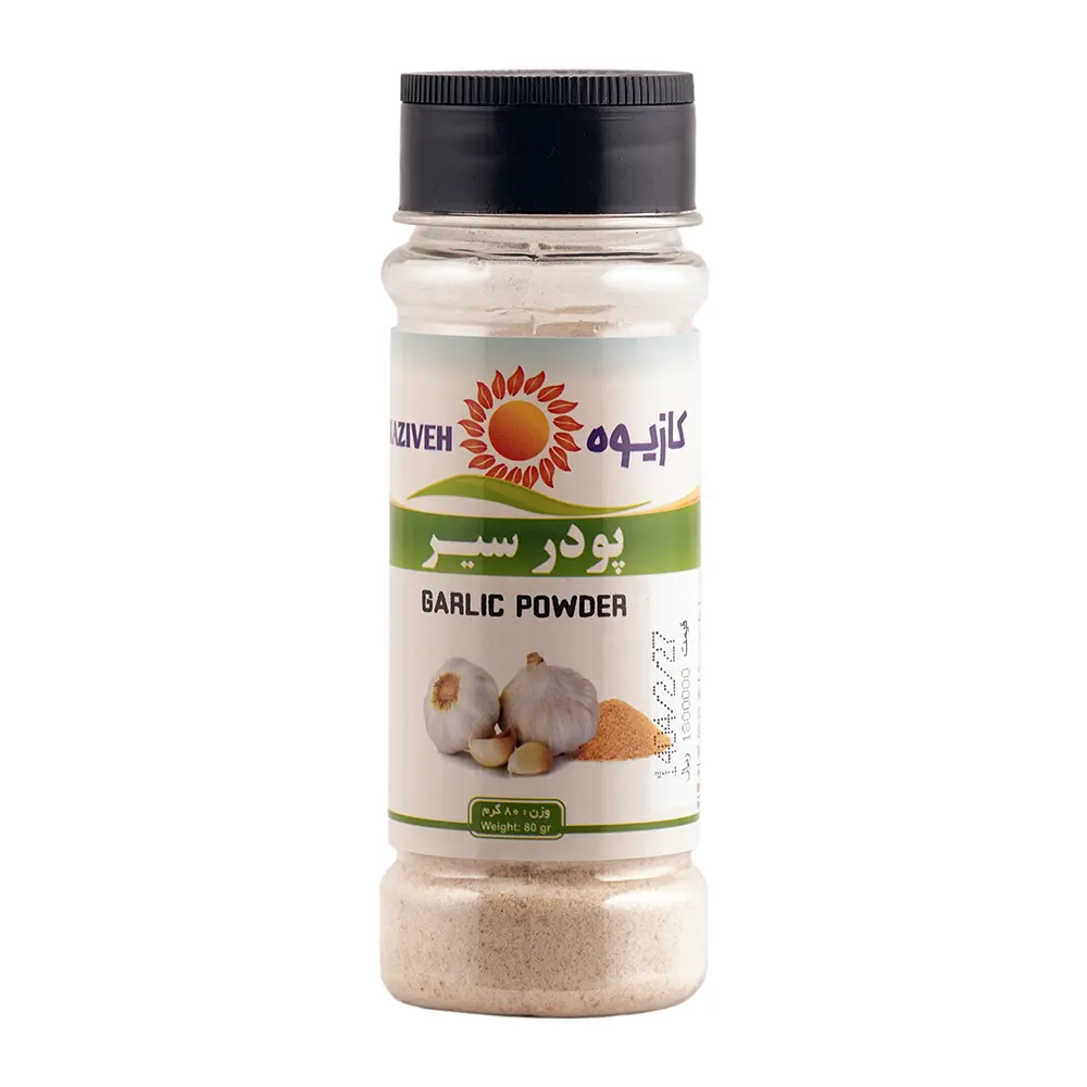 پودر سیر 80 گرمی برند کازیوه با بسته بندی پت پلاستیکی با پس زمینه سفید
