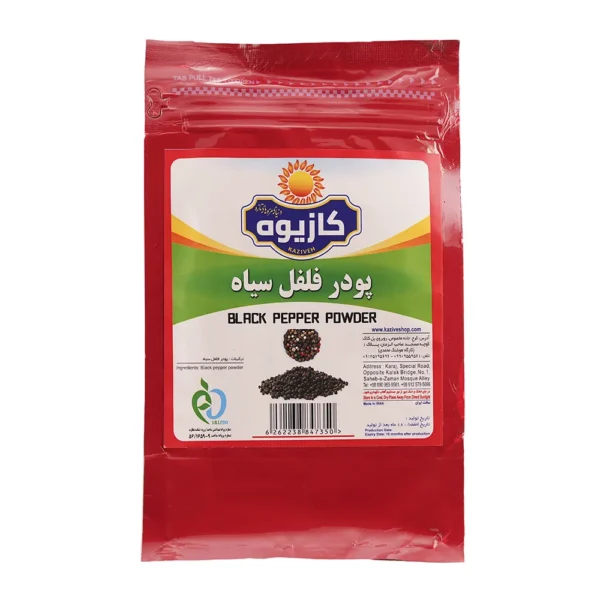 پودر فلفل سیاه 1 کیلو گرمی برند کازیوه با پاکت قرمز و پس زمینه سفید