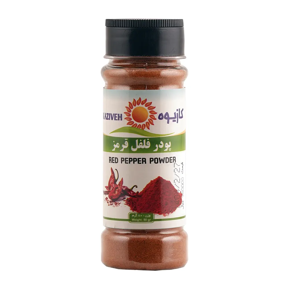 چاشنی و پودر فلفل قرمز 80 گرمی برند کازیوه با بسته بندی پت پلاستیکی