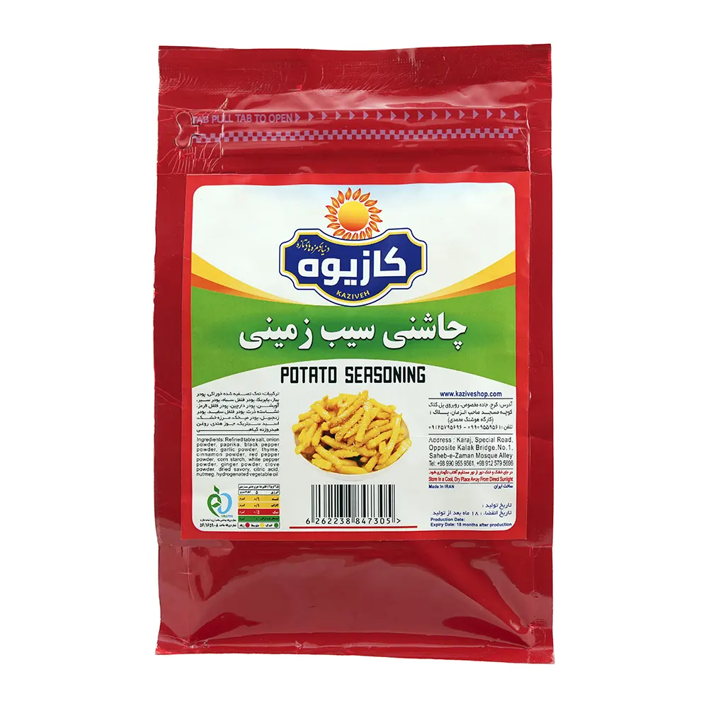 چاشنی سیب زمینی ۸۰۰ گرمی برند ادویه و چاشنی کازیوه در بسته بندی پاکتی قرمز موجود در فروشگاه اینترنتی کازیوه