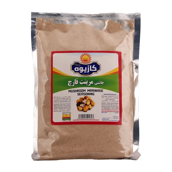 چاشنی مرینت قارچ ۱ کیلویی کازیوه در بسته بندی پلاستیکی مقاوم با روکش شفاف