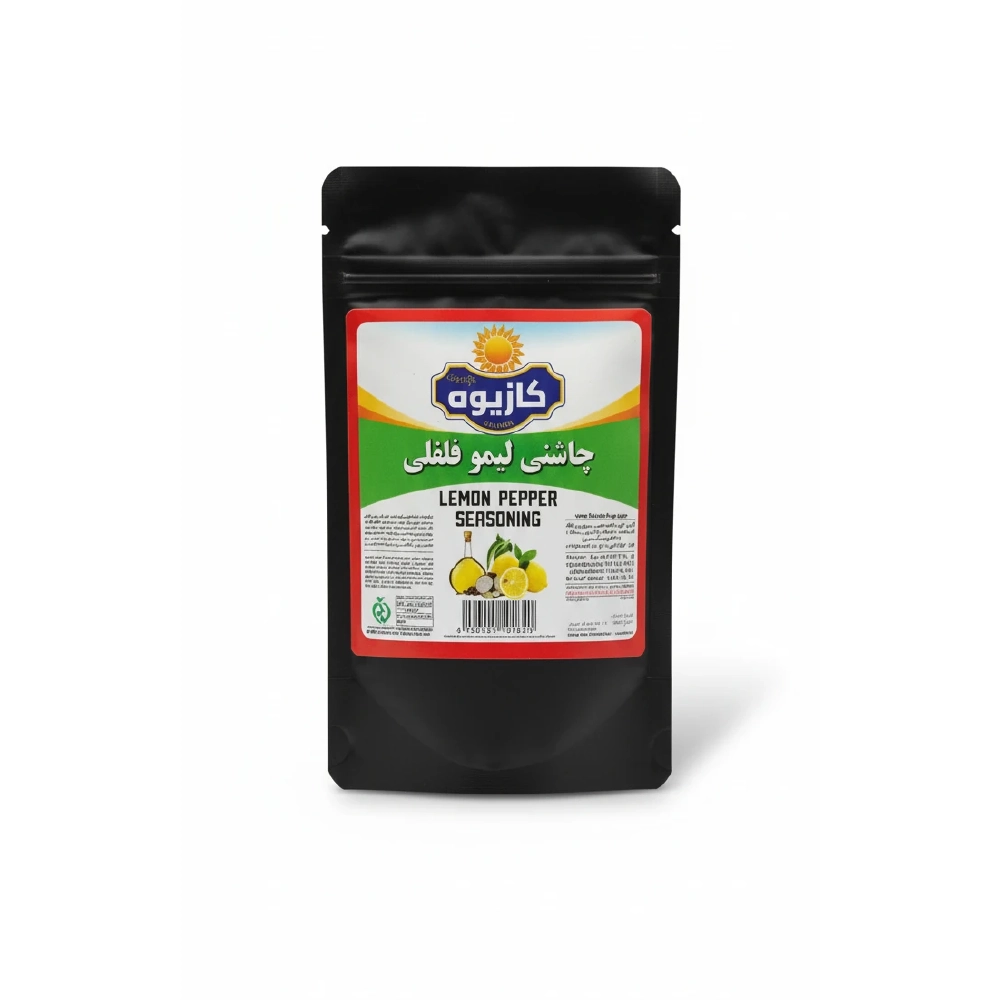 چاشنی لیمو فلفلی ۸۰۰ گرمی کازیوه با بسته بندی پاکتی مشکی زیپ کیپ با پس زمینه سفید
