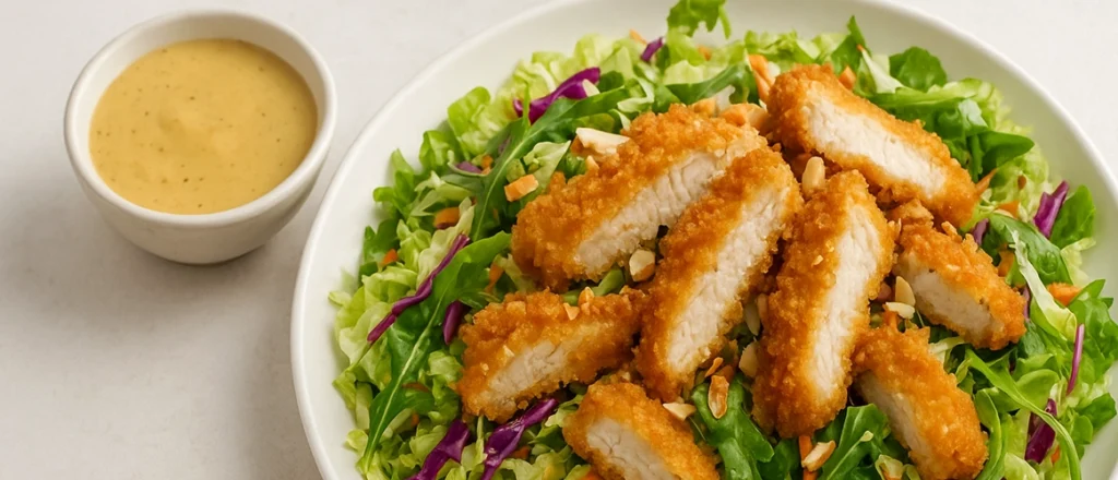 سالاد مرغ سوخاری با سس عسلی و گردو در یک ظرف کاسه سفید بزرگ