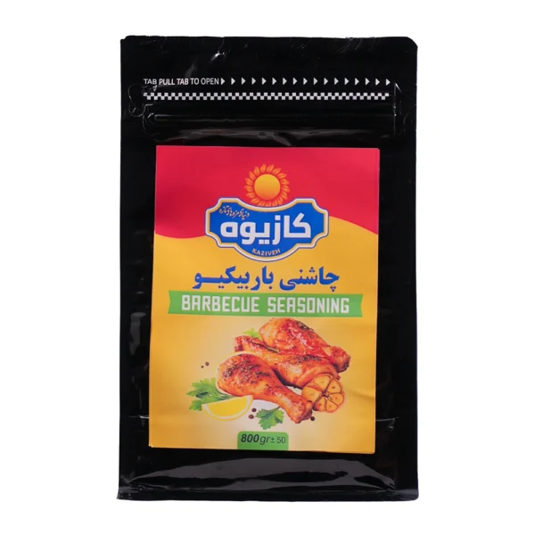 چاشنی باربیکیو ۸۰۰ گرمی کازیوه با بسته بندی پلاستیکی مشکی رنگ زیپ کیپ