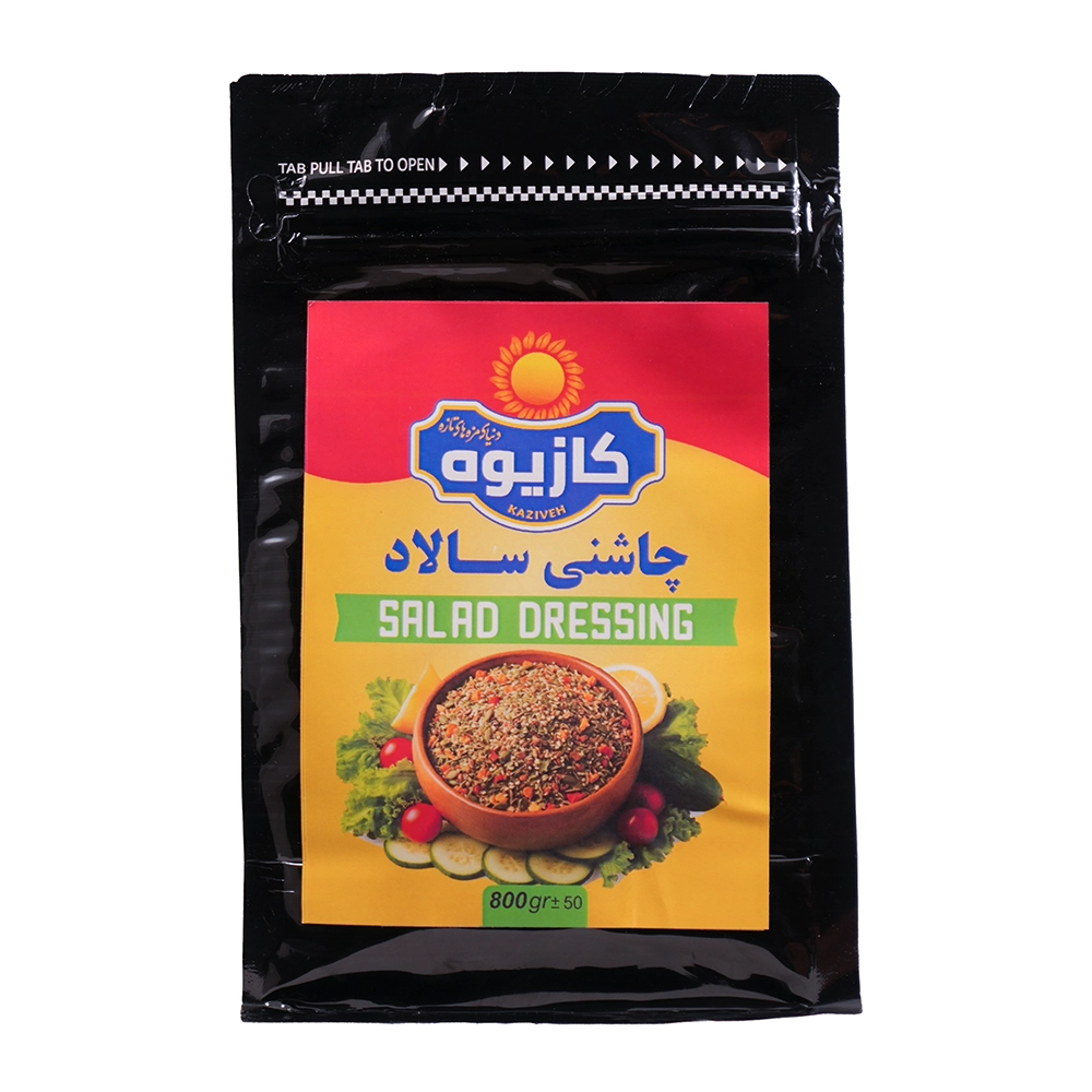 چاشنی سالاد ۸۰۰ گرمی کازیوه در بسته بندی مشکی پلاستیکی زیپ کیپ مخصوص انواع سالاد های رژیمی ورزشی و مخصوص افراد وگان و گیاه خوار