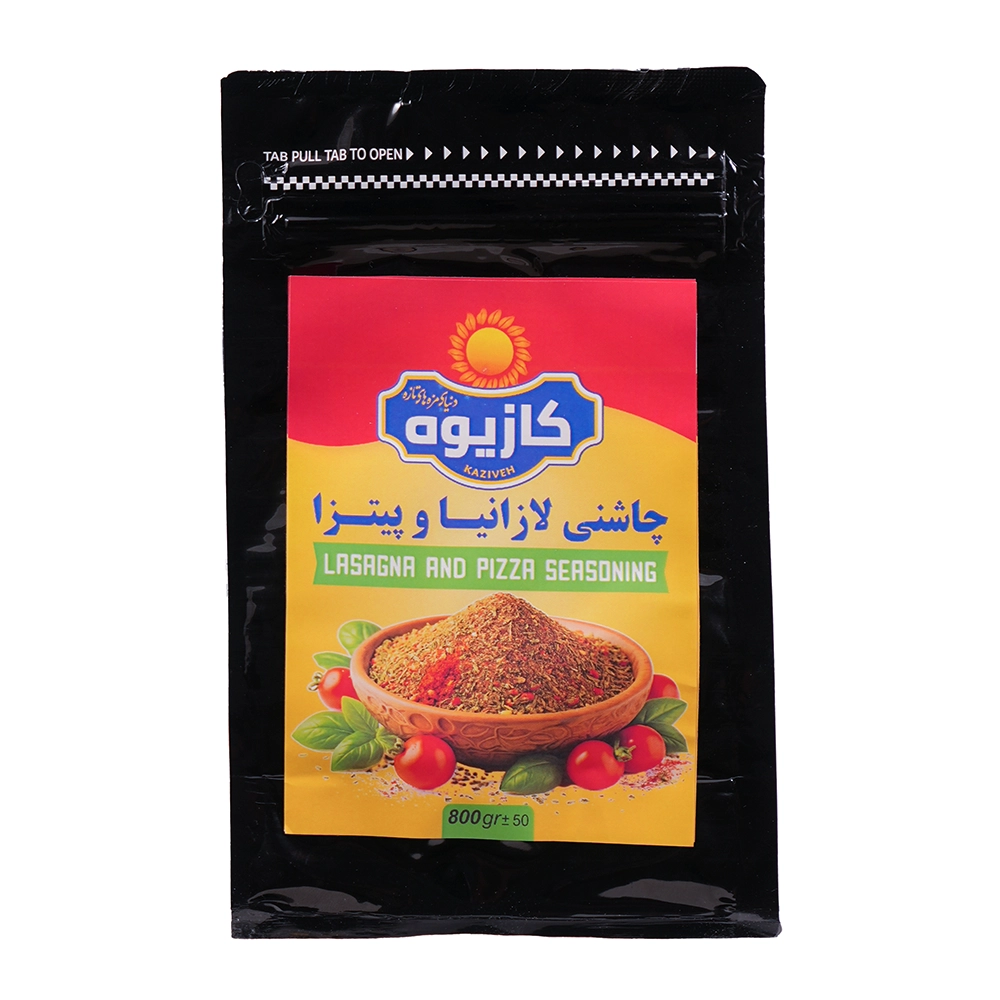 چاشنی لازانیا و پیتزا ۸۰۰ گرمی کازیوه در بسته بندی مشکی پلاستیکی زیپ کیپ برای انواع پیتزا لازانیا و غذاهای ایتالیایی