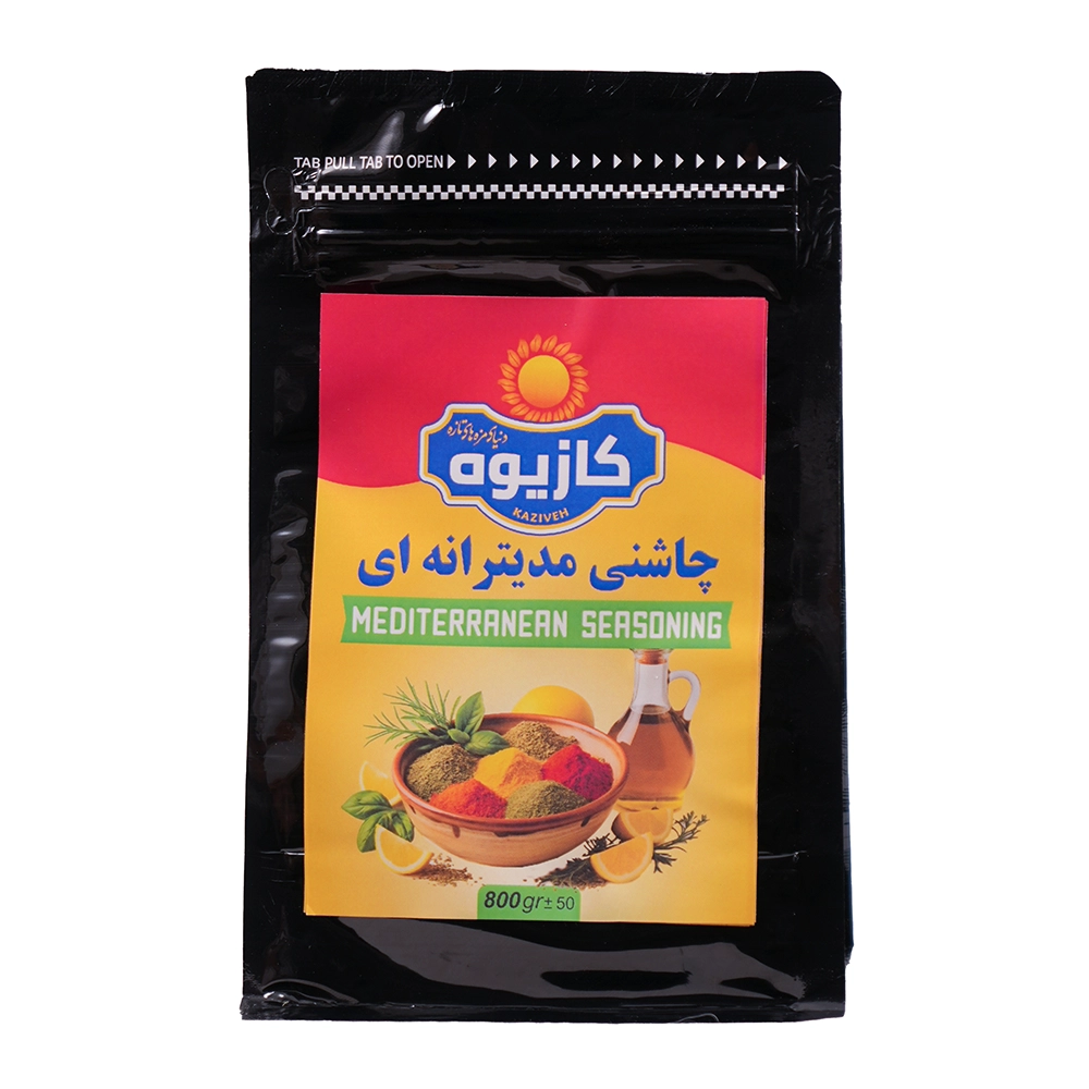 چاشنی مدیترانه ای ۸۰۰ گرمی کازیوه در بسته بندی مشکی رنگ پلاستیکی زیپ کیپ