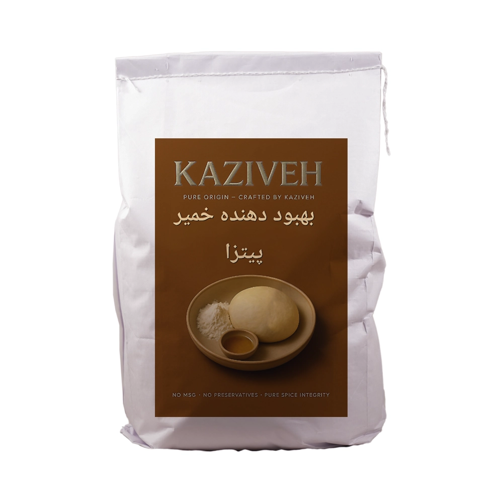 بهبود دهنده خمیر پیتزا ۵ کیلوگرمی کازیوه در بسته بندی ۵ کیلوگرمی کیسه ای مقاوم و پلاستیکی جهت حمل و نقل مناسب پخت پیتزا با پس زمینه سفید