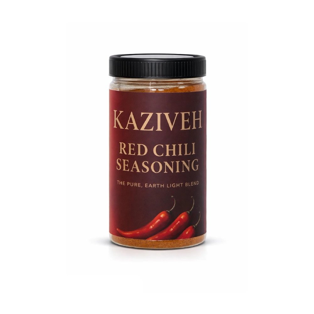 پودر فلفل قرمز ۴۰۰ گرمی کازیوه با بسته بندی پت شفاف با درب مشکی و پس زمینه سفید